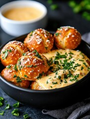 Black bowl filled with freshly baked bread rolls. the bread rolls are golden brown and have sesame seeds sprinkled on top. they are arranged in a circular pattern in the bowl.