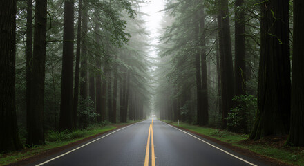 Obraz premium Forest Road: A Scenic Drive Through Towering Redwoods in Misty Light | Nature Travel Adventure