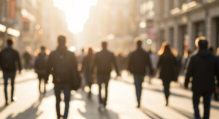 City Crowd Walk: Blurred People, Urban Street Scene, Golden Hour Sunlight, Anonymous Faces, Back View, Pedestrians, Cityscape