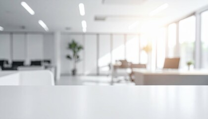 Bright and Airy Minimalist Office Space Bathed in Soft Diffused Light with Blurry Workspace Elements