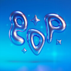 Glossy Liquid Chrome 'Pop' Typography with Glitter Star, Y2K Style Artwork, Blue Backdrop
