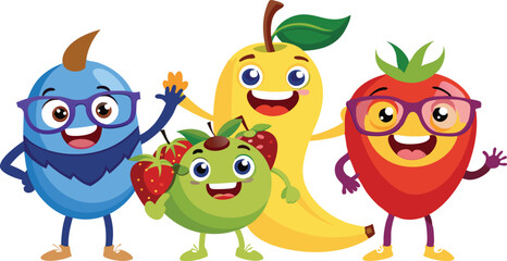 Obraz premium Cartoon Fruit Characters: Cute Blueberry, Apple, Banana, Strawberry Mascot Set - Vector Illustration for Kids & Healthy Food Concepts