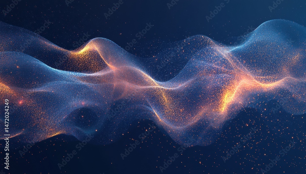 Poster Abstract Blue and Orange Particle Wave Flowing Against Dark Background Digital Art with Futuristic and Dynamic Energy