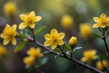 Obraz premium Yellow flowers blooming in a green garden meadow.