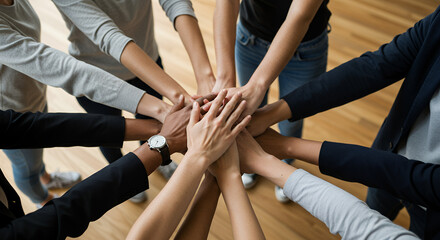 United Hands: Teamwork, Collaboration & Diversity - Achieving Success Together! Hands In, Business, Community, Support, Goals, Trust & Unity.