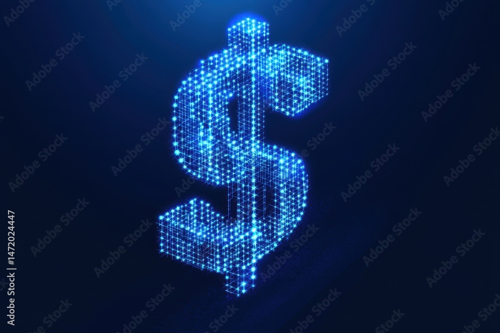 Poster abstract blue dollar sign composed of digital particles on a dark background representing finance in