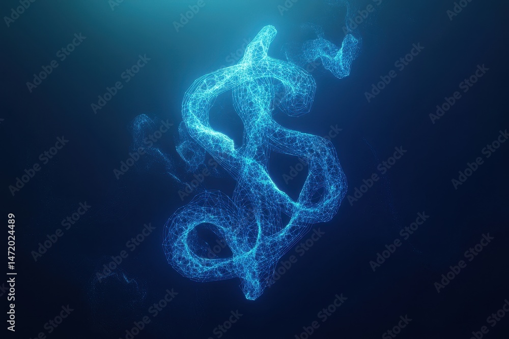 Poster abstract blue dollar sign composed of glowing particles floating in a dark blue background digital f