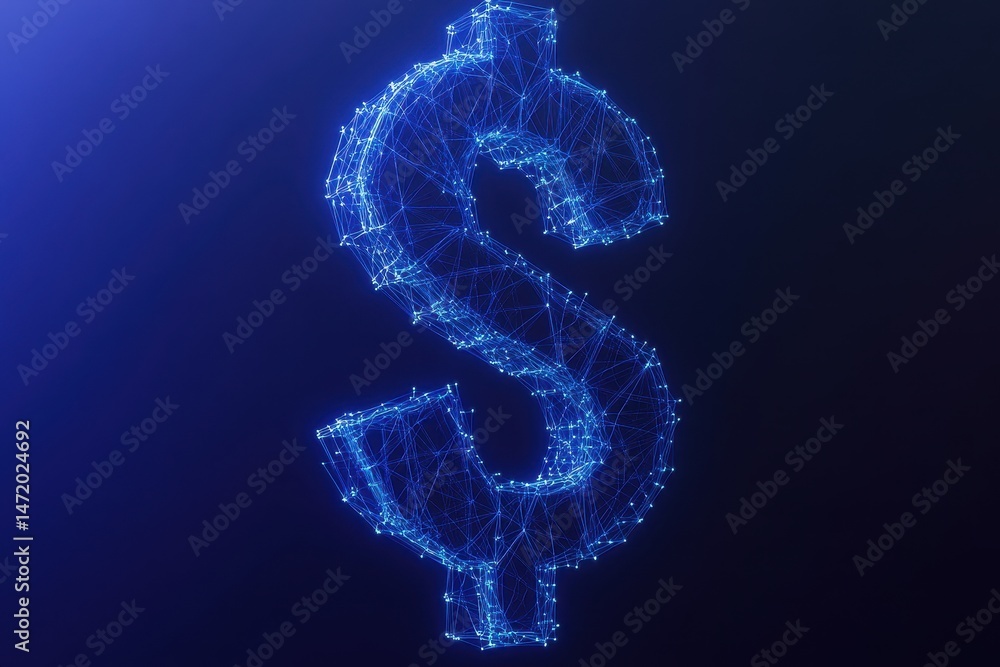 Poster Abstract Blue Dollar Sign with Polygonal Mesh Structure on Dark Background for Finance and Technology Concepts