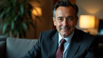 Confident Businessman in a Formal Suit Sitting in a Modern Office Setting