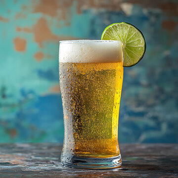 A glass of beer with a lime wedge in it