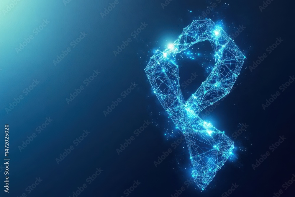 Poster abstract blue ribbon awareness symbol made of digital network of glowing dots and lines on dark blue