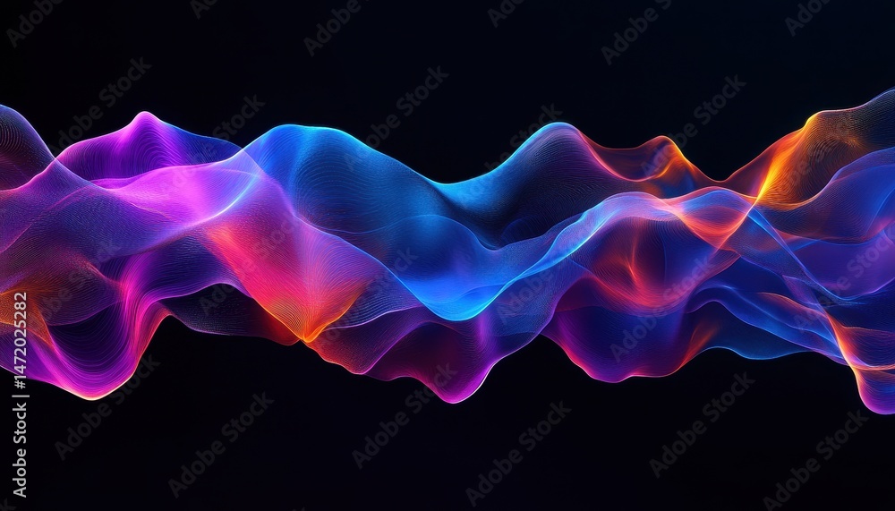 Poster Abstract Colorful Waves of Particles on Black Background Digital Art with Vibrant Glowing Dynamic Motion for Modern Design and Futuristic Technology Presentation