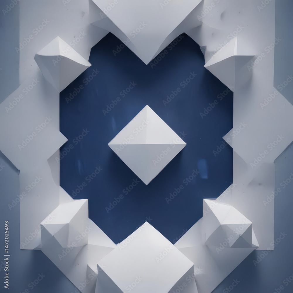 Poster white diamond and square shapes in a layered geometric pattern against a deep blue abstract backdrop