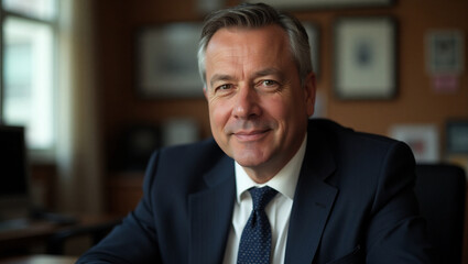 Fototapeta premium Confident Businessman in a Formal Suit Sitting in a Modern Office Setting