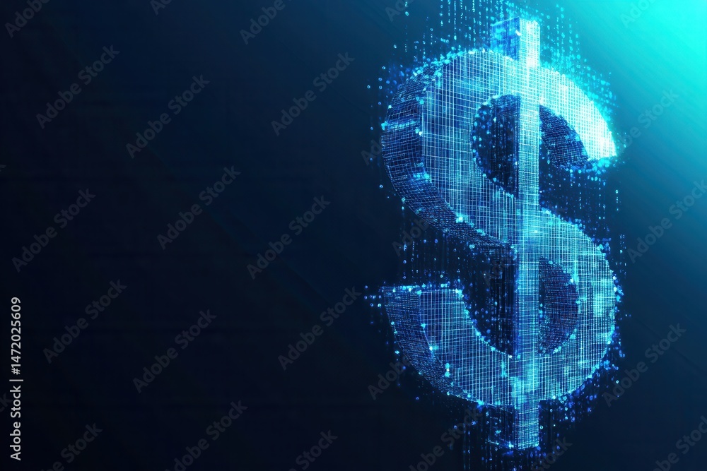 Poster abstract digital dollar sign glowing with blue particles against dark background representing modern