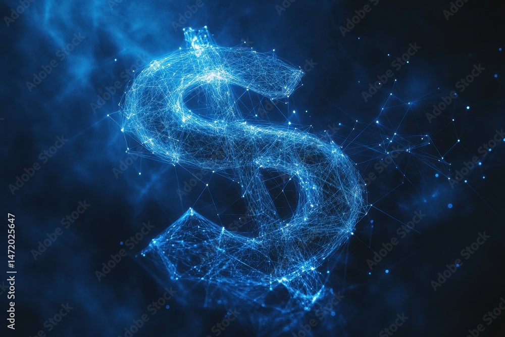 Poster abstract dollar sign made of glowing blue particles on dark background representing digital finance 