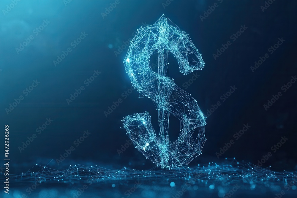 Poster abstract glowing dollar sign formed from digital dots and lines on a dark blue background represents