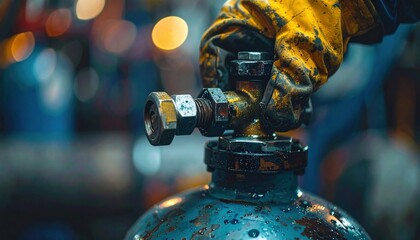 Hands in protective gloves adjusting industrial gas valve in workshop