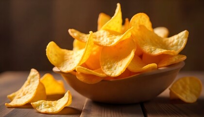 Closeup of salty, yellow potato chips, a fried snack heap isolated on a black background