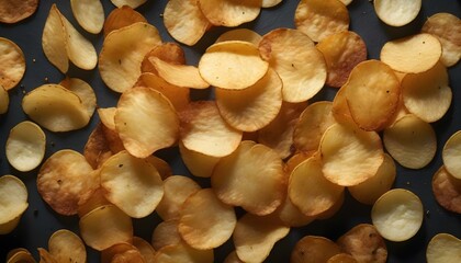 Fried salty potato chips, a crunchy snack, are isolated on a black background