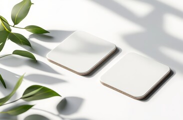 Two blank square coasters on white surface, beside green leaves, illuminated by sunlight