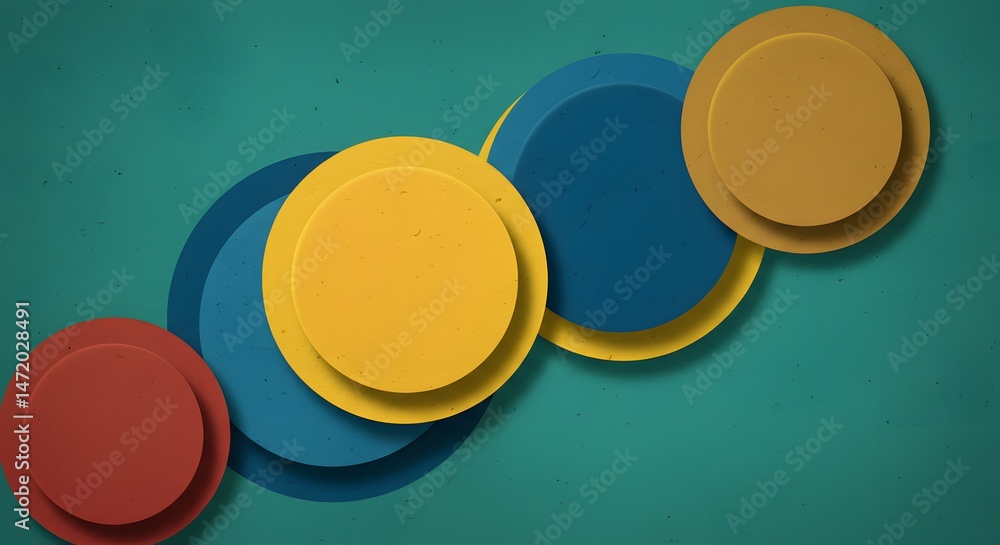 Poster colorful geometric pattern of layered circles against a textured teal backdrop, evoking a sense of d