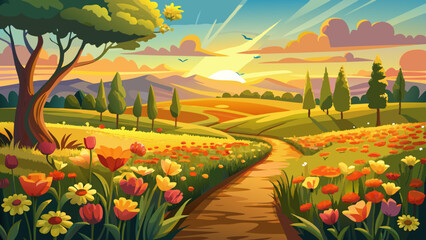 Naklejka premium Golden fields of blooming flowers beside a tranquil path at sunrise in a serene rural landscape Very beautiful