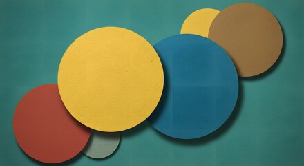 Playful circles arrangement in vibrant colors, creating a geometric aesthetic on a textured turquoise surface with soft shadows accentuating the forms