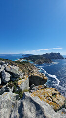 beautiful landscape view of the cies islands from the top of its mountains and its crystalline beaches