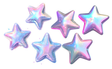 PNG colorful iridescent star stickers with holographic shine, element set on transparent background