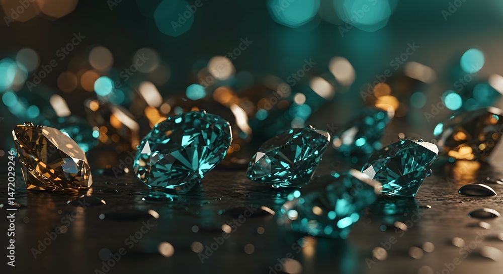 Poster lustrous gems glimmering on a dark surface with scattered water droplets, showcasing their facets an