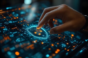 Naklejka premium Digital security and data protection concept with glowing shield icon and circuit board