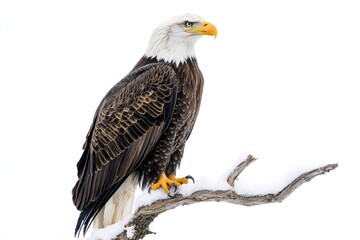 Fototapeta premium Majestic bald eagle perched on a snow-covered branch, looking alert and poised in a minimalist, wintry scene.