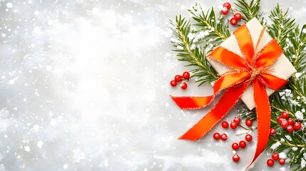 Festive Christmas Gift Box with Red Ribbon and Holly Berries on Snowy Background