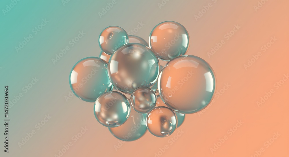 Poster captivating 3d abstract with luminous spheres and serene pastel gradient background composition disp