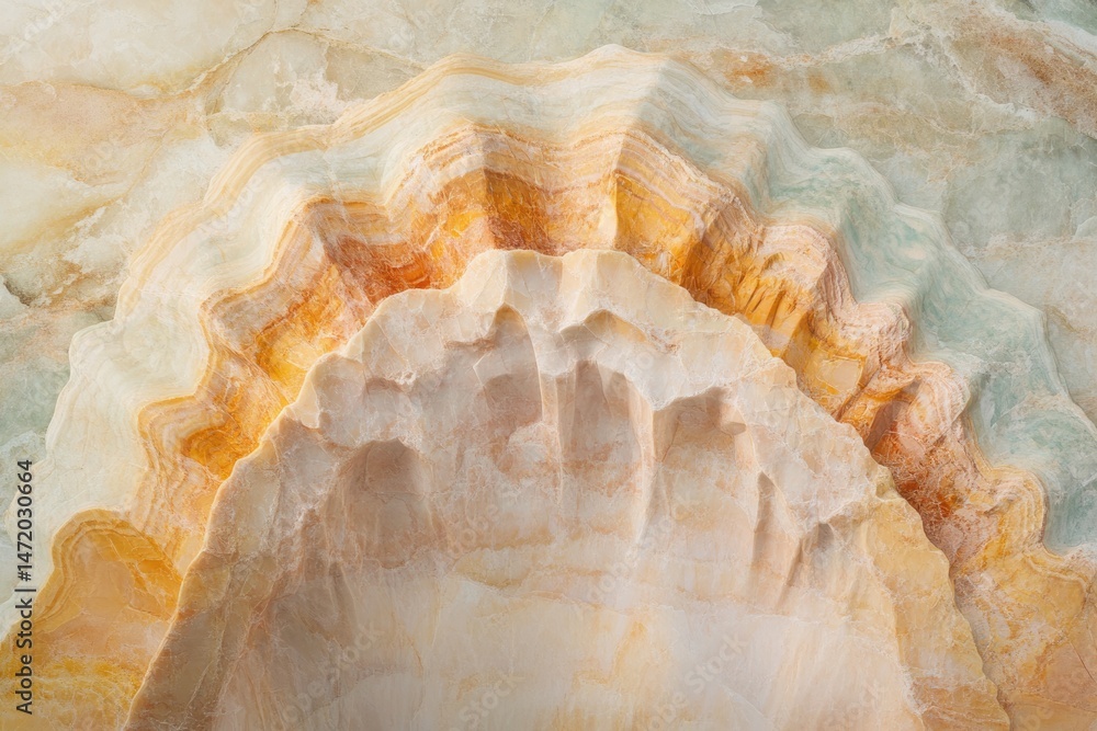 Poster close-up of layered onyx stone with warm tones and smooth textures, revealing natural patterns and i