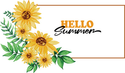 Hello summer with sunflower Concept Vector Illustration, Hello Summer Sunflower Sign, hello summer with sunflowers watercolour, hello summer card collection, 