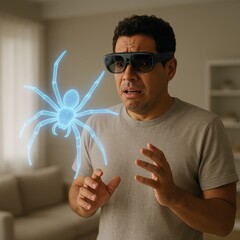 Scared hispanic man using virtual reality glasses for spider phobia exposure therapy with holographic tarantula at home