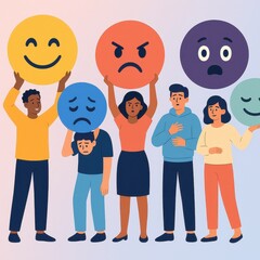 Colorful flat illustration of diverse people expressing different emotions with giant emoji faces representing mood variety