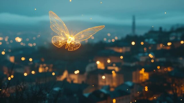 A digital butterfly glows in the evening air, surrounded by sparkling particles against a city skyline at dusk