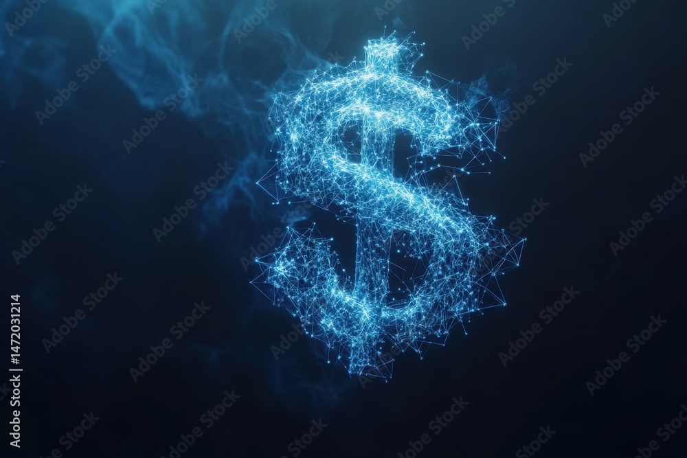 Poster blue glowing dollar sign made of digital particles on dark background with abstract network connecti