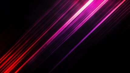 Fototapeta premium Thin violet and red light beams layered in depth, moving diagonally over rich black canvas, subtle grain texture,