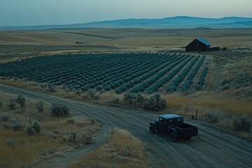 Obraz premium Dusty rural landscape with a vintage truck on a farm road