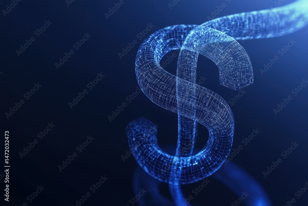 Poster digital dollar symbol in blue hues representing modern finance and technology with a networked conne