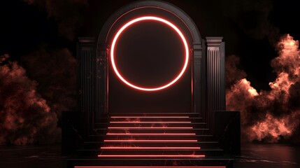 Dark Marble Steps with Red Neon Circle Archway