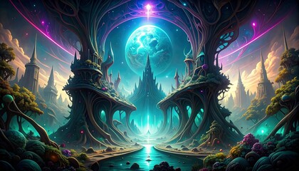 Obraz premium AI-synthesized, multi-layered ecosystem where bioluminescent quantum forests