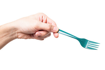 Male hand holding a green plastic fork isolated on white background.