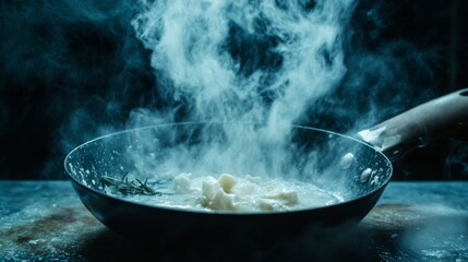 Steaming Cauliflower in Dark Pan with Rosemary