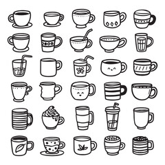 Obraz premium Set of Tea or coffee cup vector doodle hand drawn line illustration. In cute cartoon style for your projects