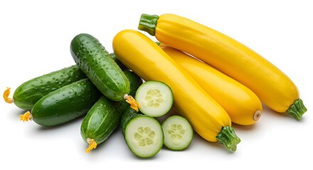 Fresh Cucumbers and Yellow Zucchini Still Life on White